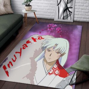 Alternative view of Yasha Anime Sad Sesshomaru Face Sakura Blossom Flower At Night Teppich